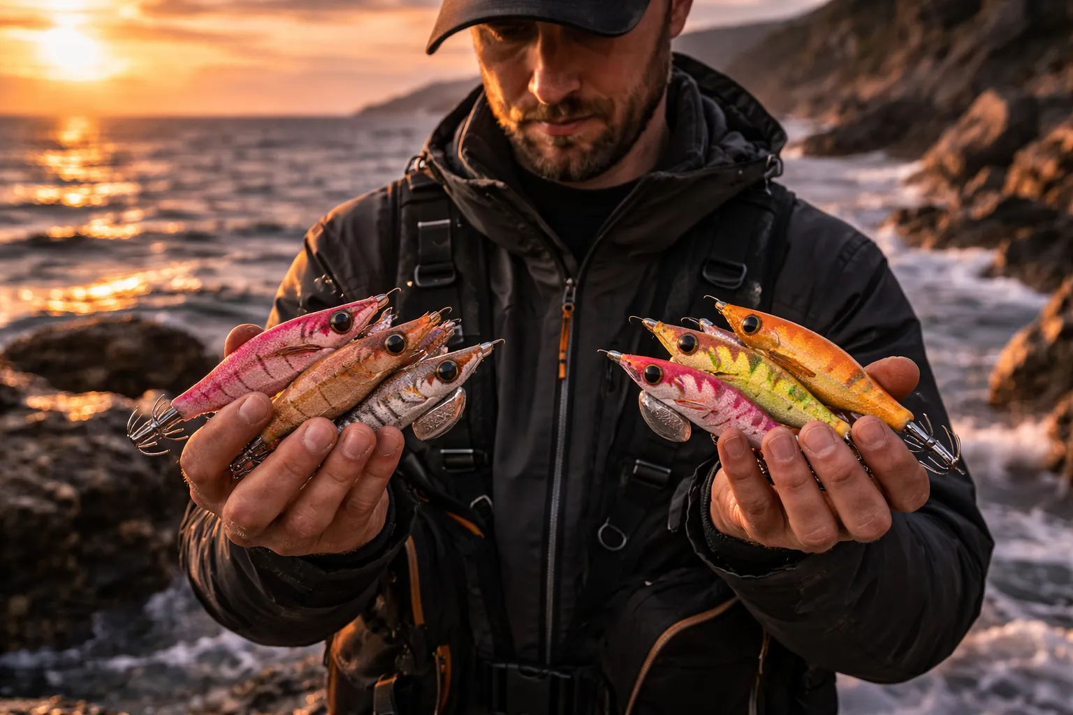 Pescador comparando señuelos eging baratos de AliExpress y marcas japonesas
